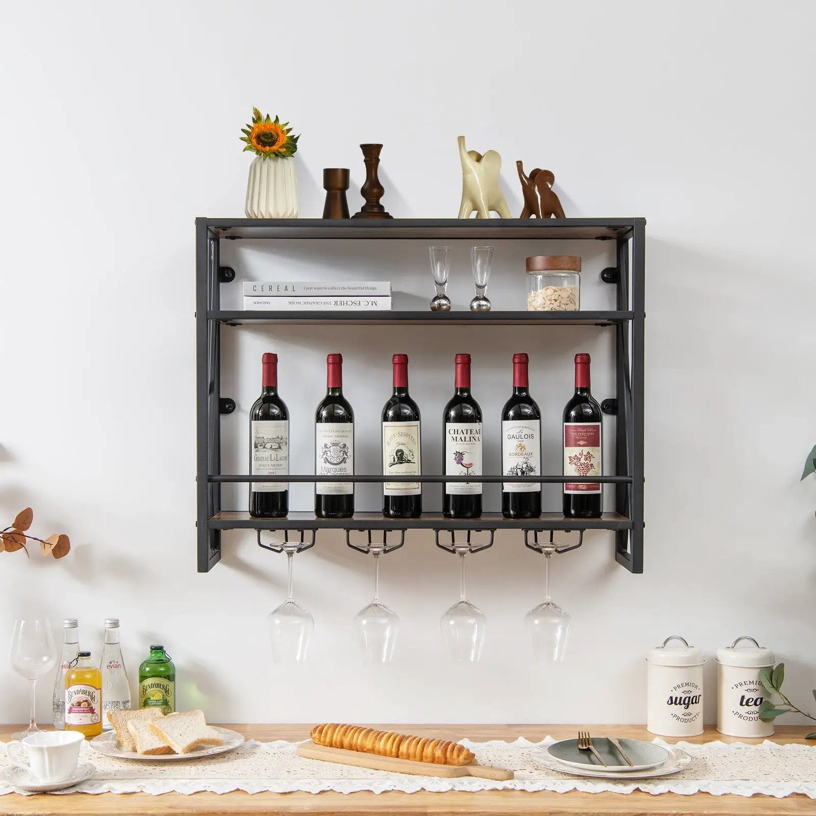 3-Tiers Industrial Wall Mounted Wine Rack with Glass Holder and Metal Frame by DirectDeals