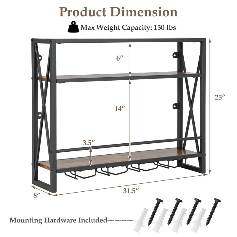 3-Tiers Industrial Wall Mounted Wine Rack with Glass Holder and Metal Frame by DirectDeals