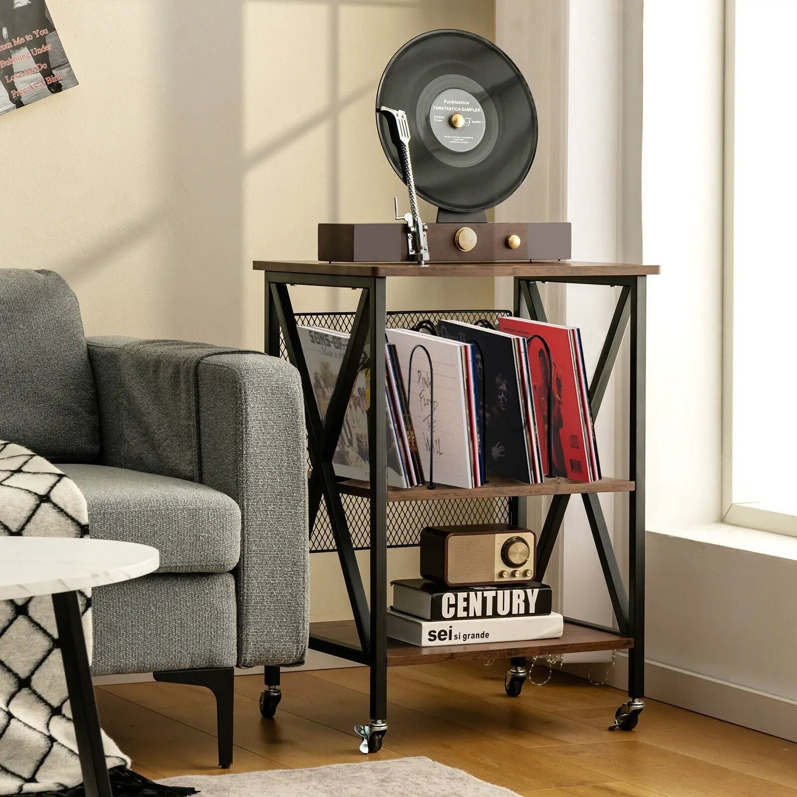 3 Tiers Vintage Style Rolling End Table with 3 Dividers for Albums-Brown by DirectDeals