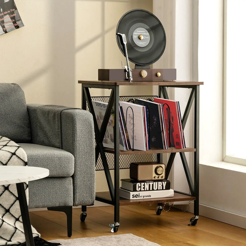 3 Tiers Vintage Style Rolling End Table with 3 Dividers for Albums-Brown by DirectDeals