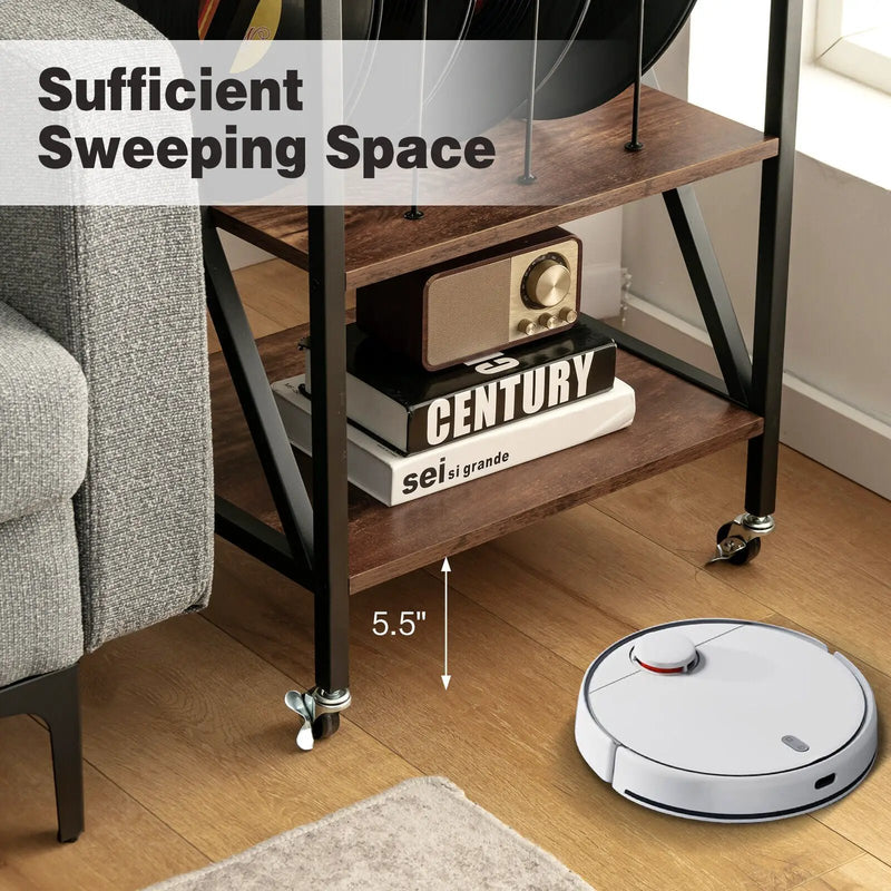 3 Tiers Vintage Style Rolling End Table with 3 Dividers for Albums-Brown by DirectDeals