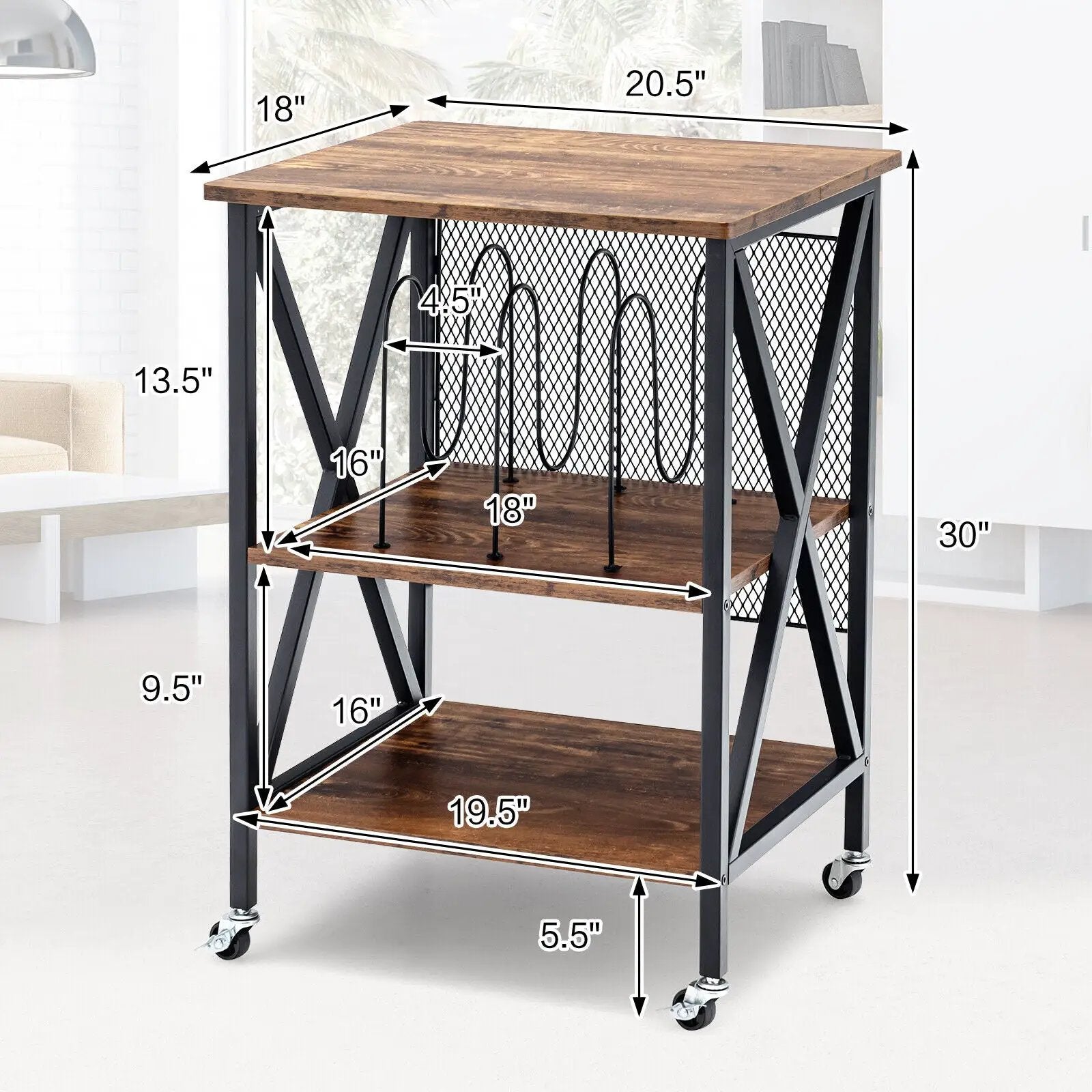 3 Tiers Vintage Style Rolling End Table with 3 Dividers for Albums-Brown by DirectDeals