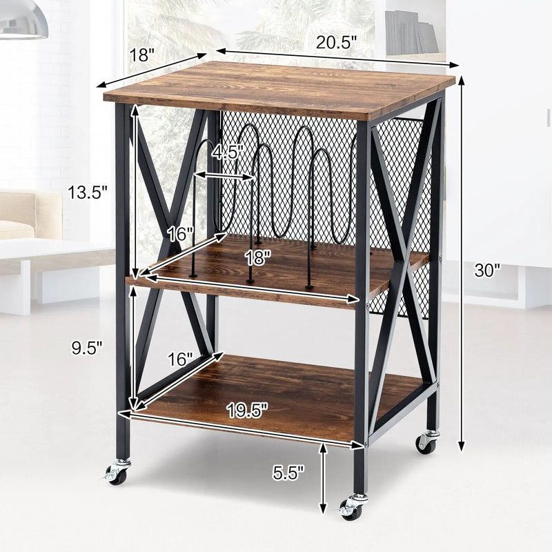 3 Tiers Vintage Style Rolling End Table with 3 Dividers for Albums-Brown by DirectDeals