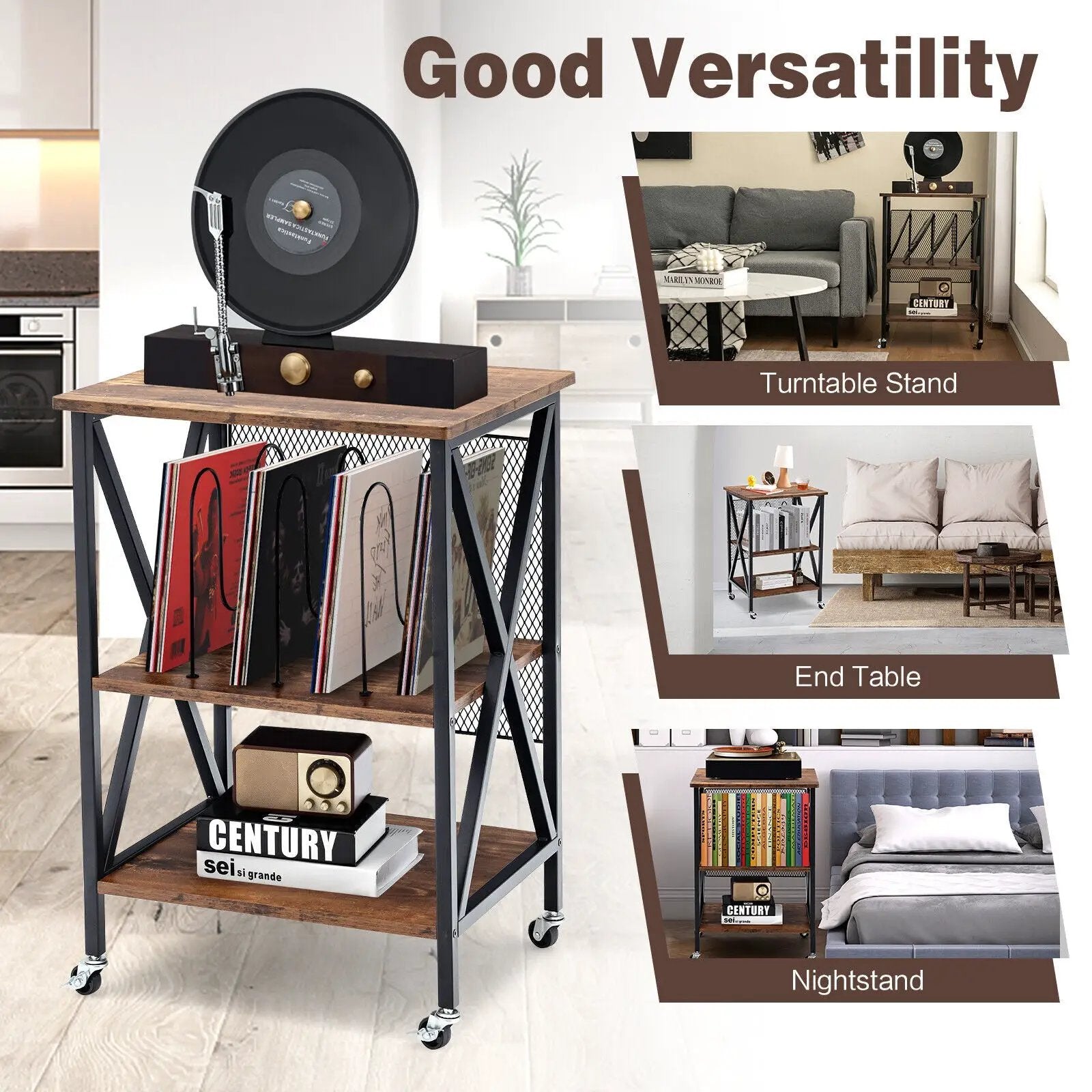 3 Tiers Vintage Style Rolling End Table with 3 Dividers for Albums-Brown by DirectDeals