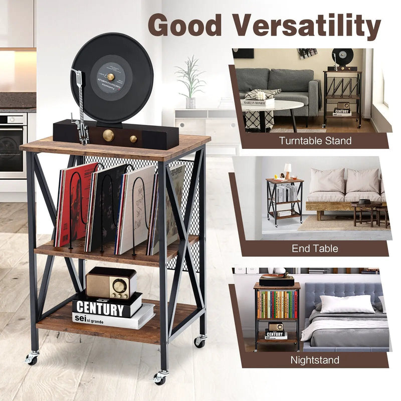 3 Tiers Vintage Style Rolling End Table with 3 Dividers for Albums-Brown by DirectDeals