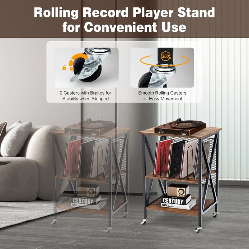 3 Tiers Vintage Style Rolling End Table with 3 Dividers for Albums-Brown by DirectDeals
