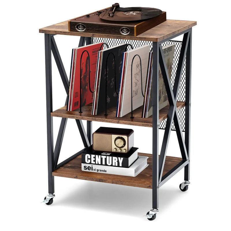 3 Tiers Vintage Style Rolling End Table with 3 Dividers for Albums-Brown by DirectDeals