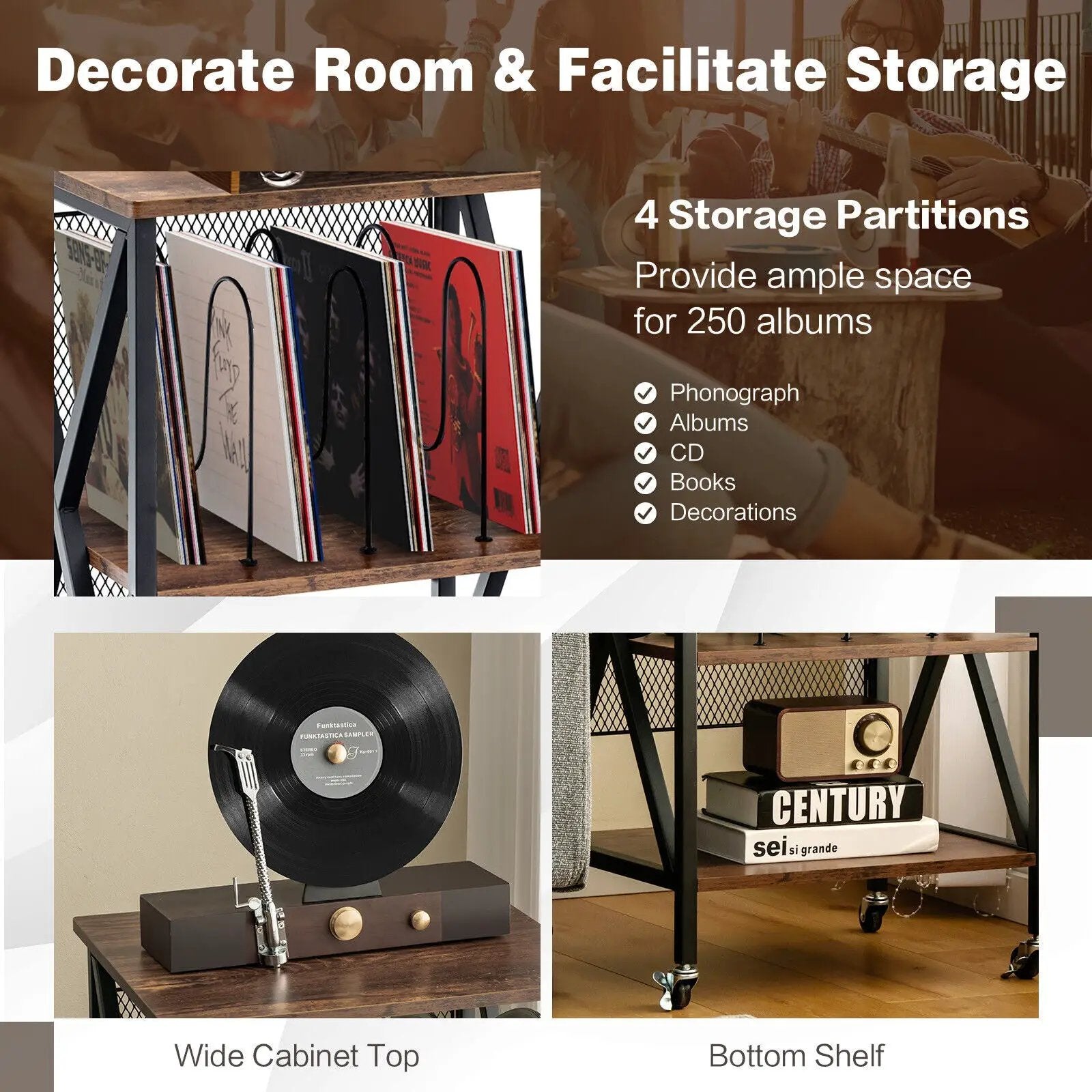 3 Tiers Vintage Style Rolling End Table with 3 Dividers for Albums-Brown by DirectDeals