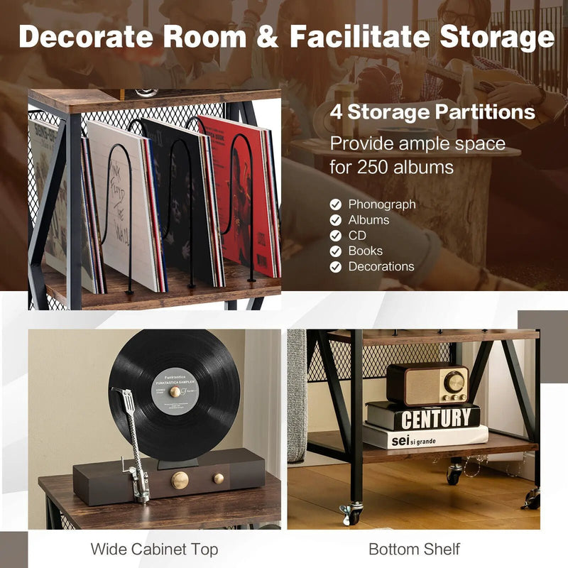 3 Tiers Vintage Style Rolling End Table with 3 Dividers for Albums-Brown by DirectDeals