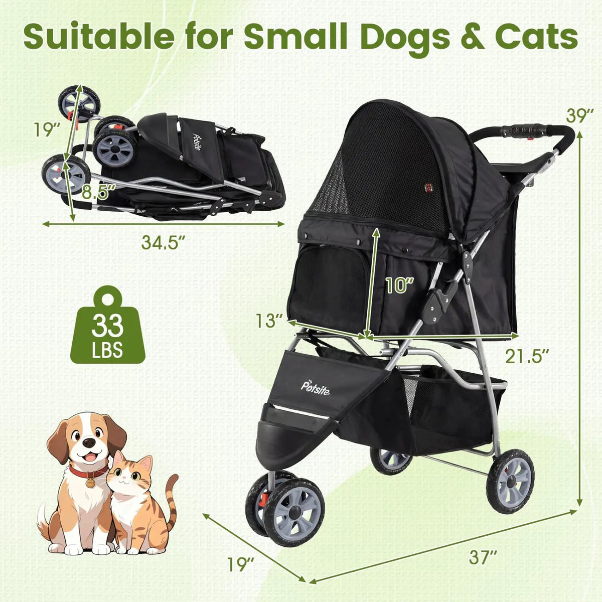 3 Wheel Pet Stroller for Small Dogs Cats up to 33 LBS, photo 9 of 16