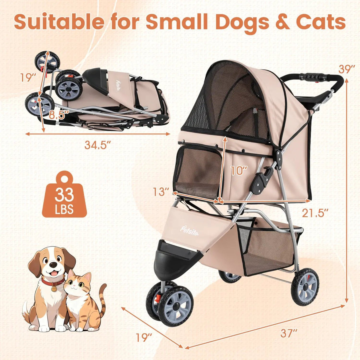 3 Wheel Pet Stroller for Small Dogs Cats up to 33 LBS, photo 10 of 16
