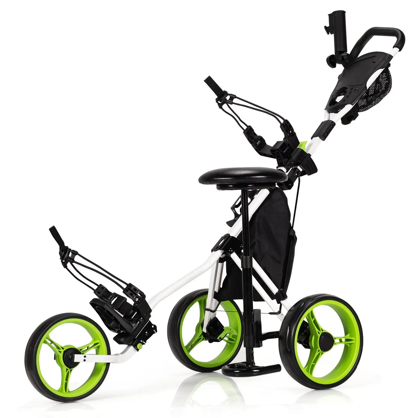 3 Wheels Folding Golf Push Cart with Seat Scoreboard and Adjustable Handle by DirectDeals
