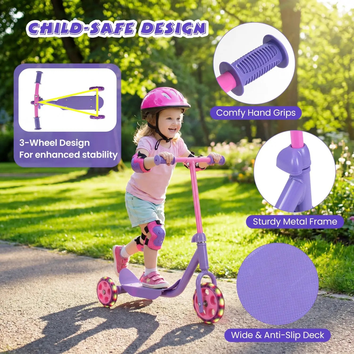 3 Wheels Scooter for Kids Age 2+ with LED Light-Up Wheels and Wide Anti-Slip Deck by DirectDeals