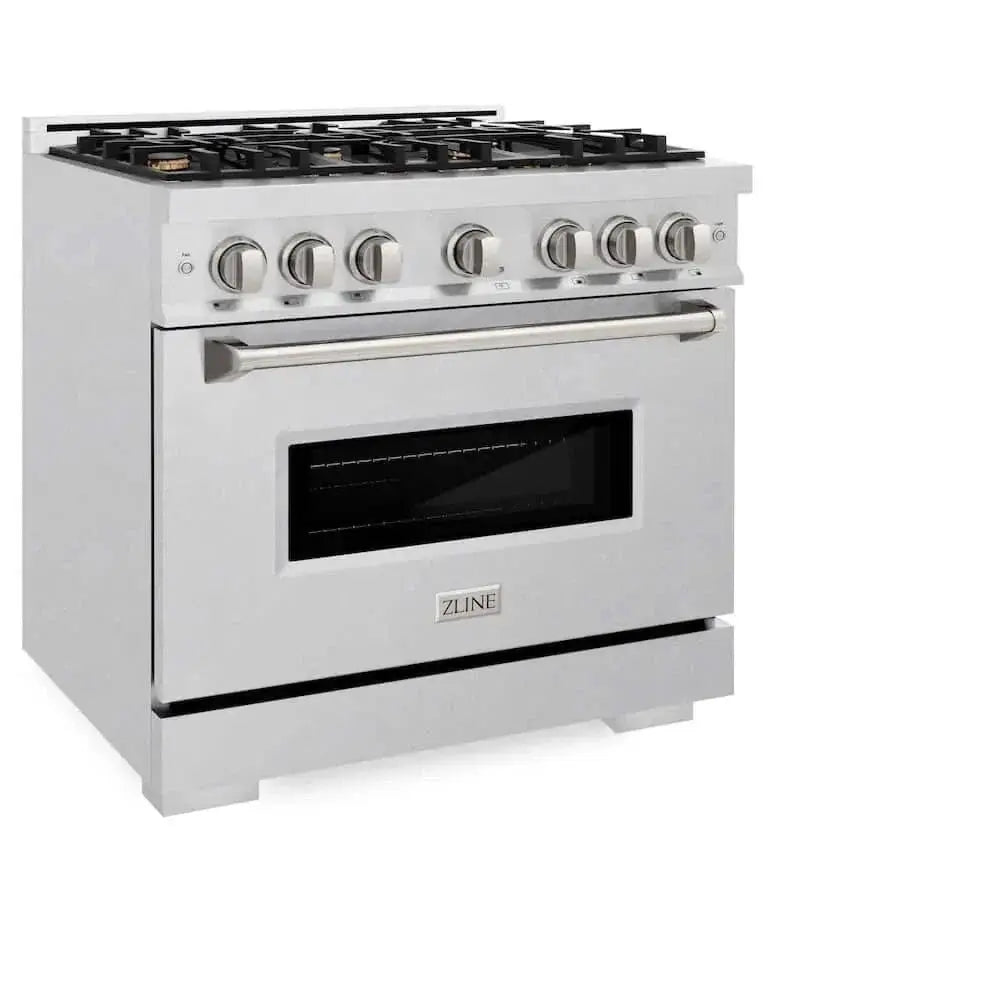 ZLINE 36" Dual Fuel Range, Gas Cooktop, Electric Convection Oven DuraSnow® Stainless Steel, Brass Burners CDRS-BR-36 by Farmhouse Kitchen and Bath