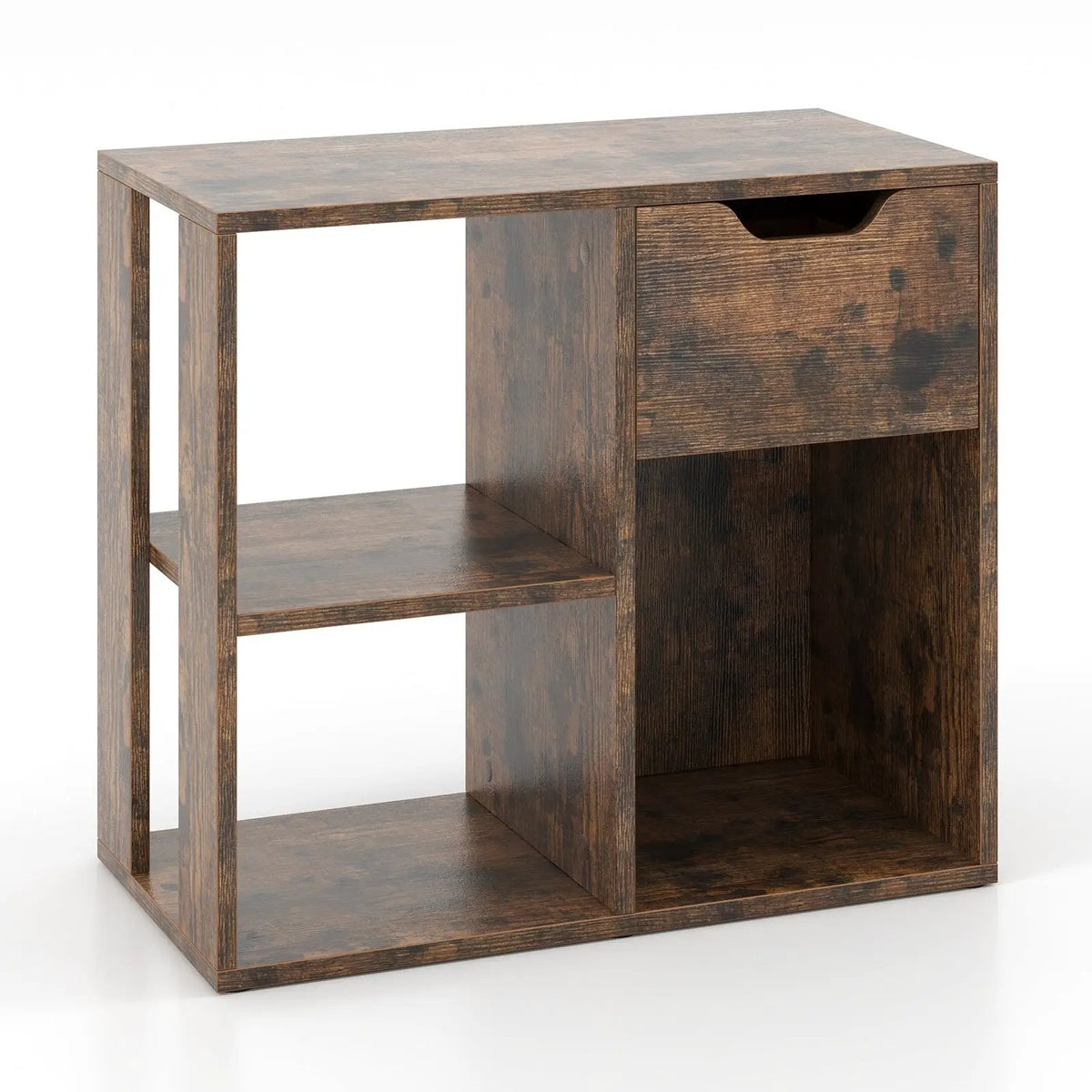 3-Cube Bookcase 2-tier Wooden Storage Shelf with Pull-out Drawer-Brown, photo 9 of 11