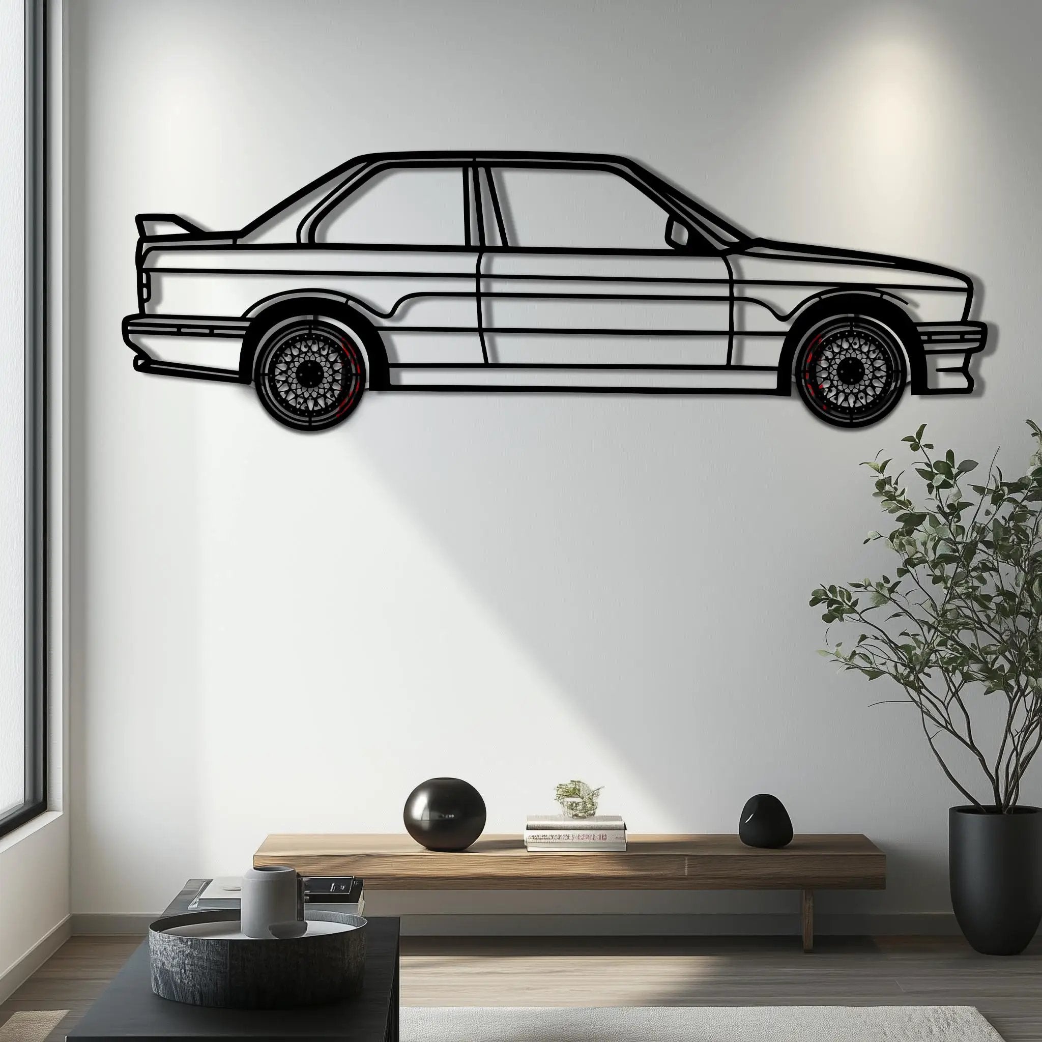 BMW E30 M3 Metal Car Wall Art with Rotating Wheels - Classic M Power Silhouette Decor - Interactive Automotive Wall Art - KAFMEKA100 by Enova Art