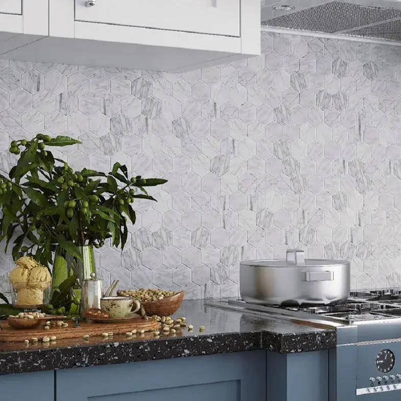 Carrara White 9x10 Hexagon Honed Marble Peel & Stick Tile (10 pack, 6.41 sq ft/case) by Apollo Tile