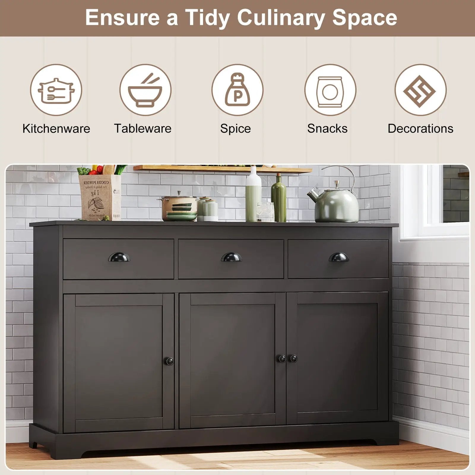 3 Drawers Sideboard Buffet Storage with Adjustable Shelves by DirectDeals