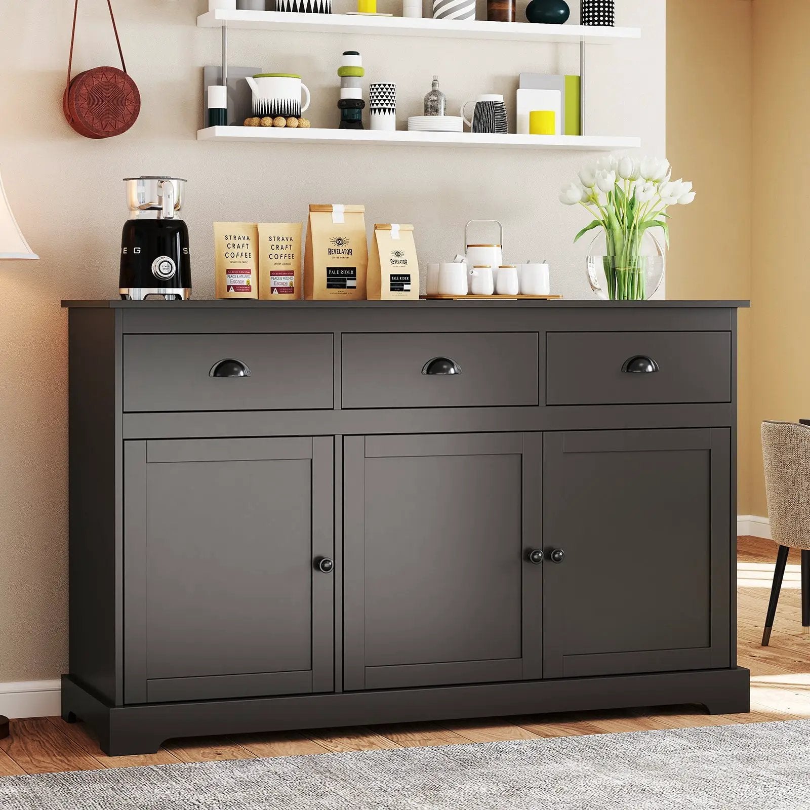 3 Drawers Sideboard Buffet Storage with Adjustable Shelves by DirectDeals