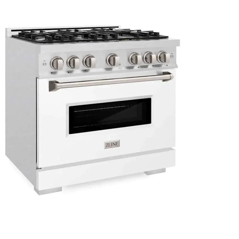 ZLINE 36" Dual Fuel Range, Gas Cooktop, Electric Convection Oven DuraSnow® Stainless Steel, White Matte Door CDRS-WM-36 by Farmhouse Kitchen and Bath
