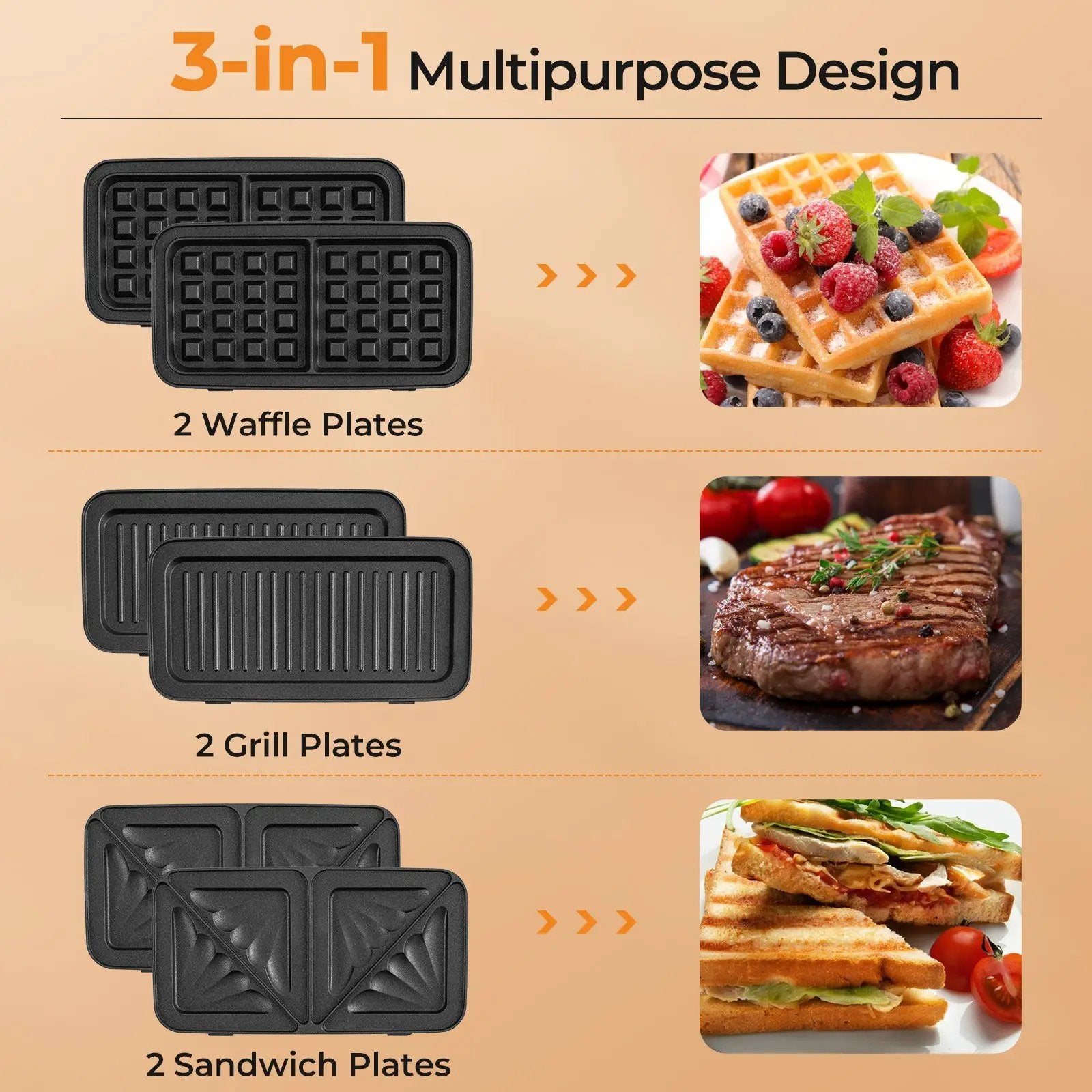 3-in-1 1082W Sandwich Maker with Removable Non-Stick Plates-Black by DirectDeals