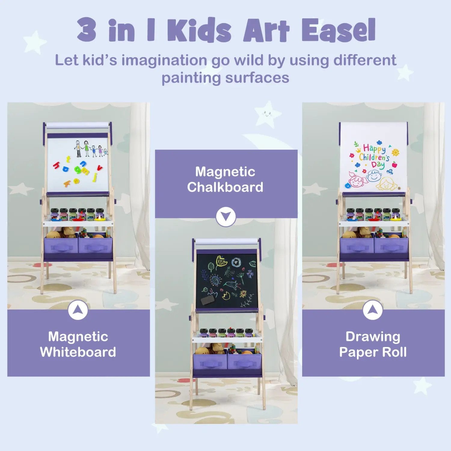 3-in-1 Kids Art Easel with Magnetic Whiteboard & Chalkboard by DirectDeals