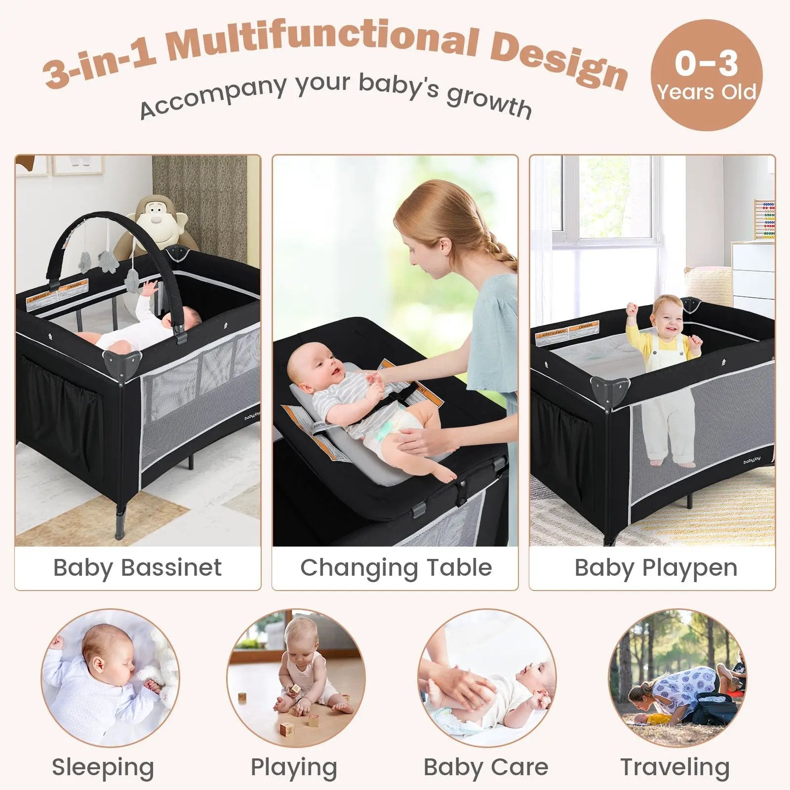 3-in-1 Portable Baby Crib and Playpen with Changing Table by DirectDeals