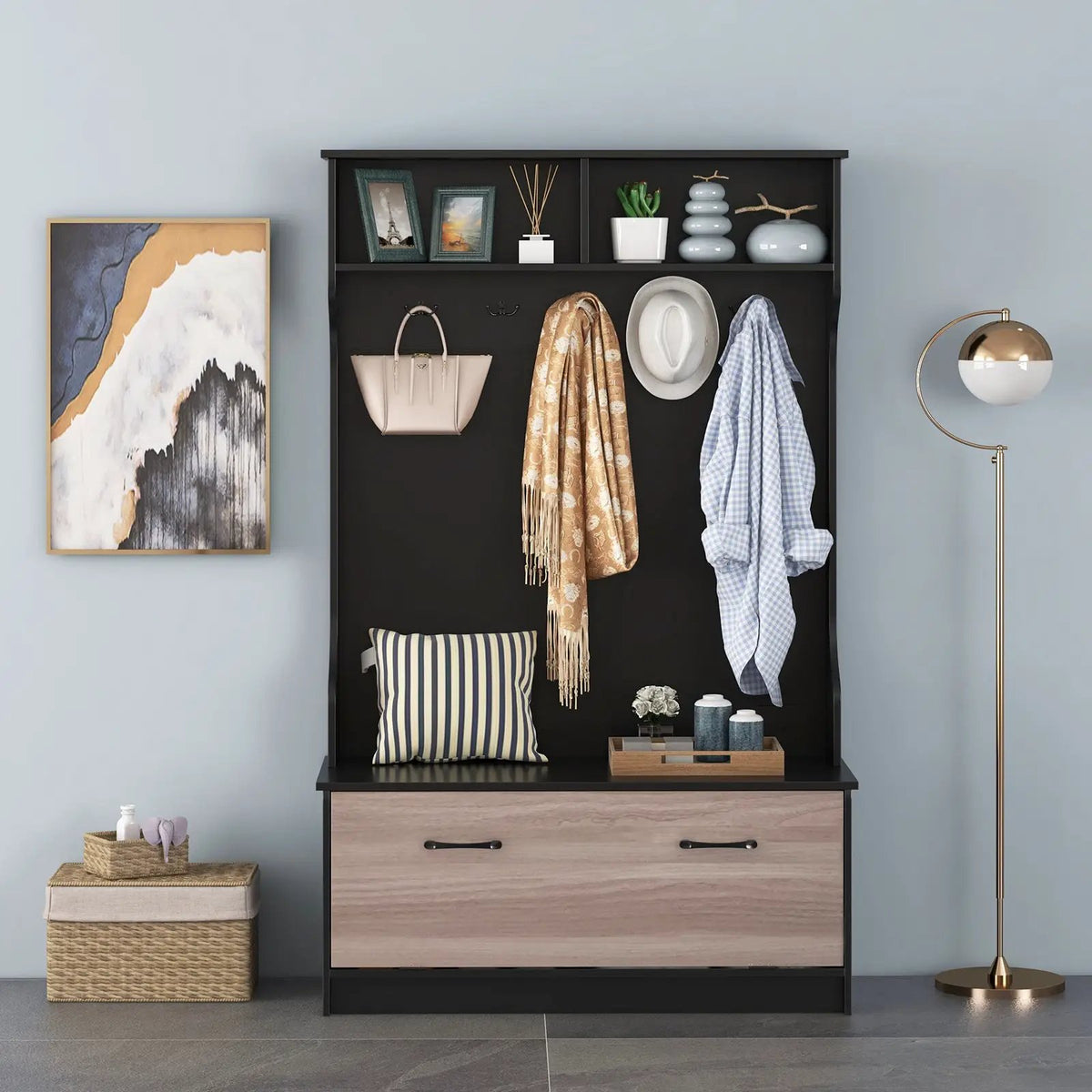 3 in 1 Coat Rack with Entryway Bench and Hooks and Enclosed Cabinet, photo 2 of 9