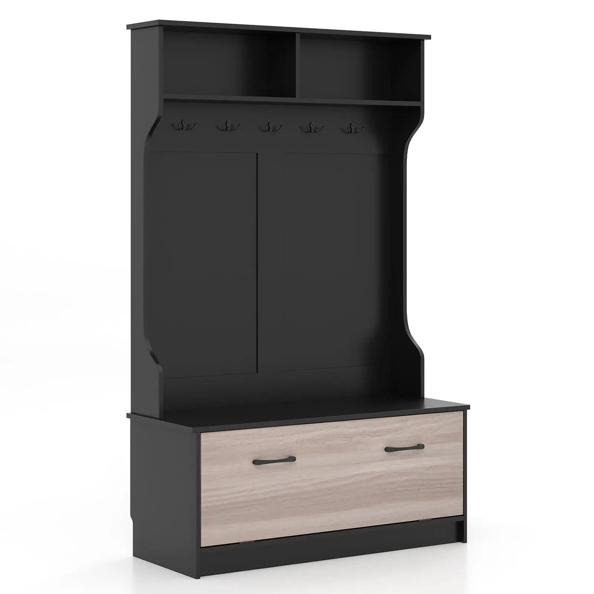 3 in 1 Coat Rack with Entryway Bench and Hooks and Enclosed Cabinet, photo 3 of 9