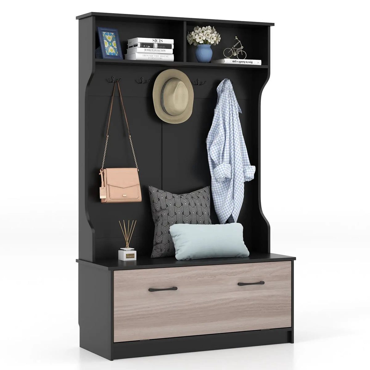 3 in 1 Coat Rack with Entryway Bench and Hooks and Enclosed Cabinet, photo 4 of 9