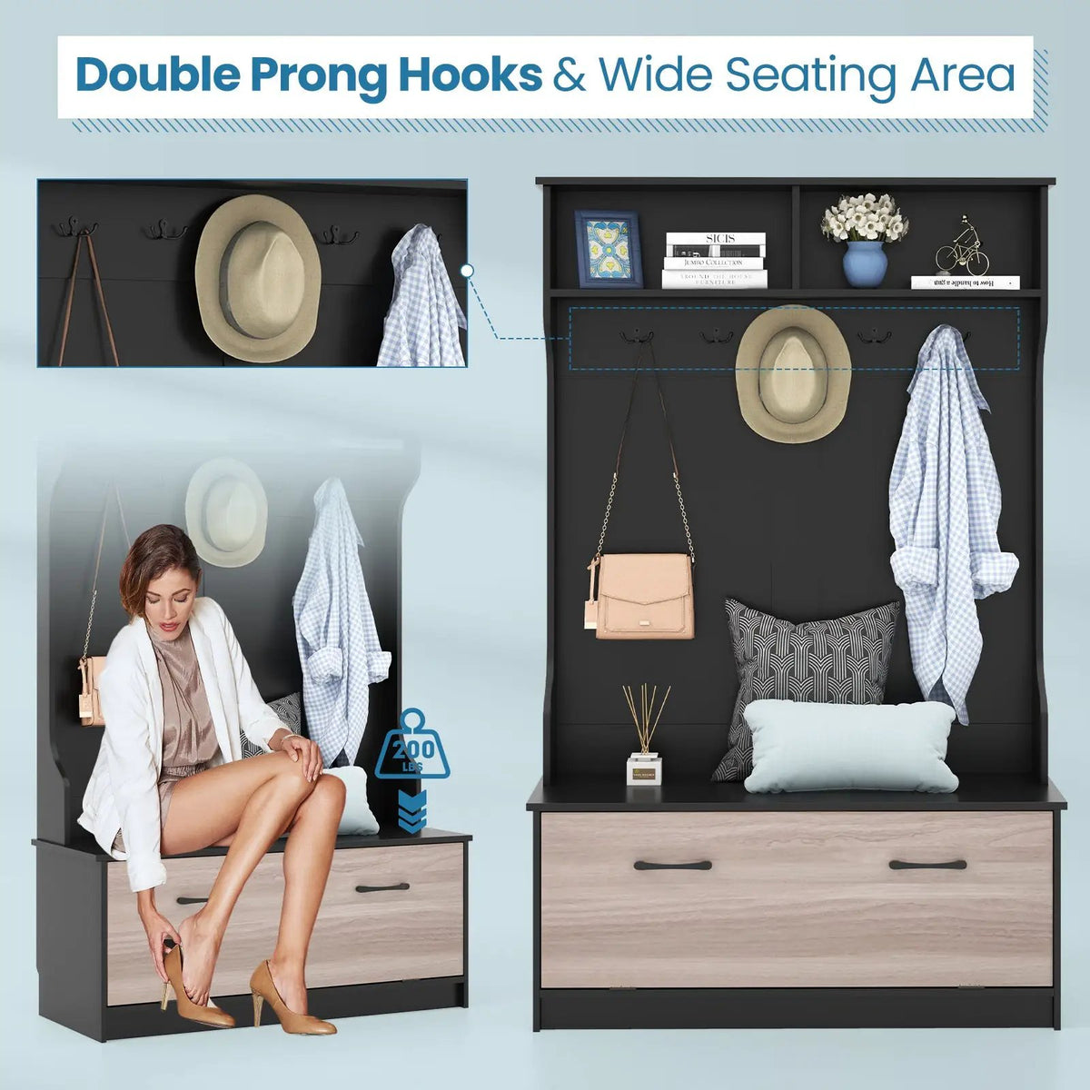 3 in 1 Coat Rack with Entryway Bench and Hooks and Enclosed Cabinet, photo 6 of 9