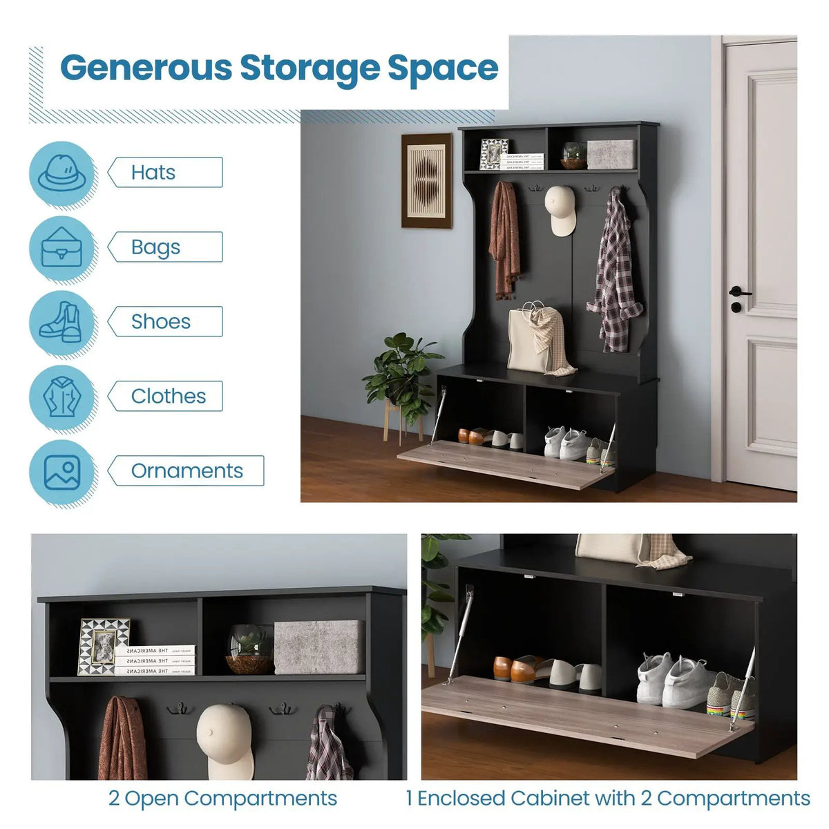 3 in 1 Coat Rack with Entryway Bench and Hooks and Enclosed Cabinet, photo 7 of 9