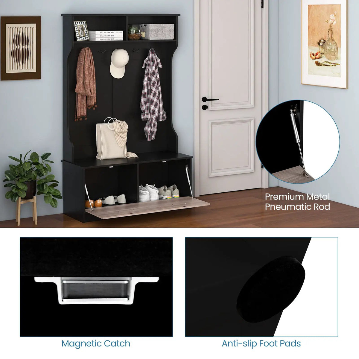 3 in 1 Coat Rack with Entryway Bench and Hooks and Enclosed Cabinet, photo 8 of 9