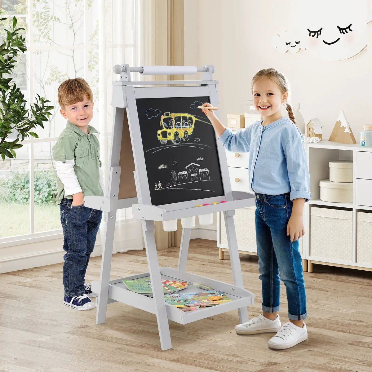 3-in-1 Double-sided Art Easel with Chalkboard and Magnetic Whiteboard, photo 2 of 24