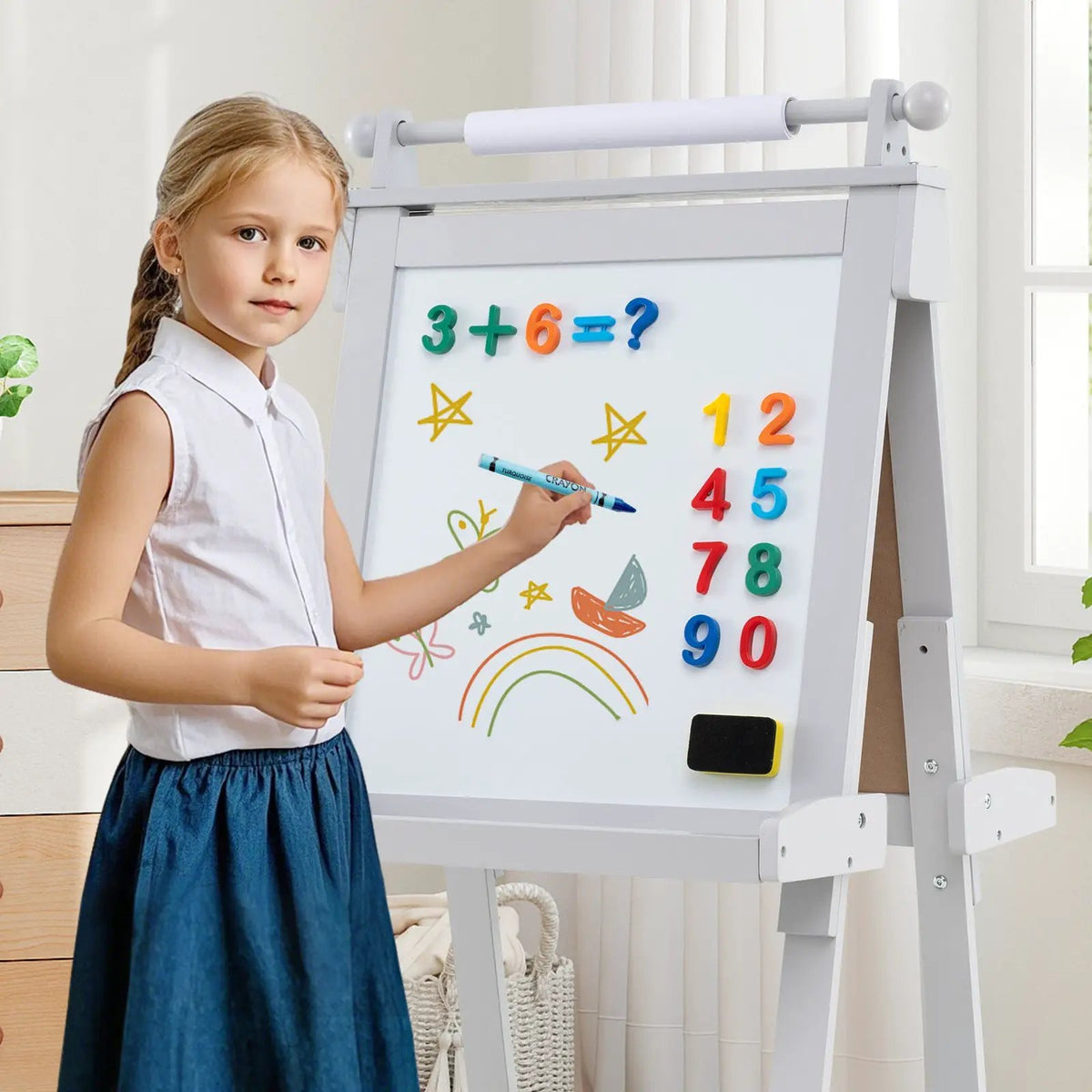 3-in-1 Double-sided Art Easel with Chalkboard and Magnetic Whiteboard, photo 6 of 24