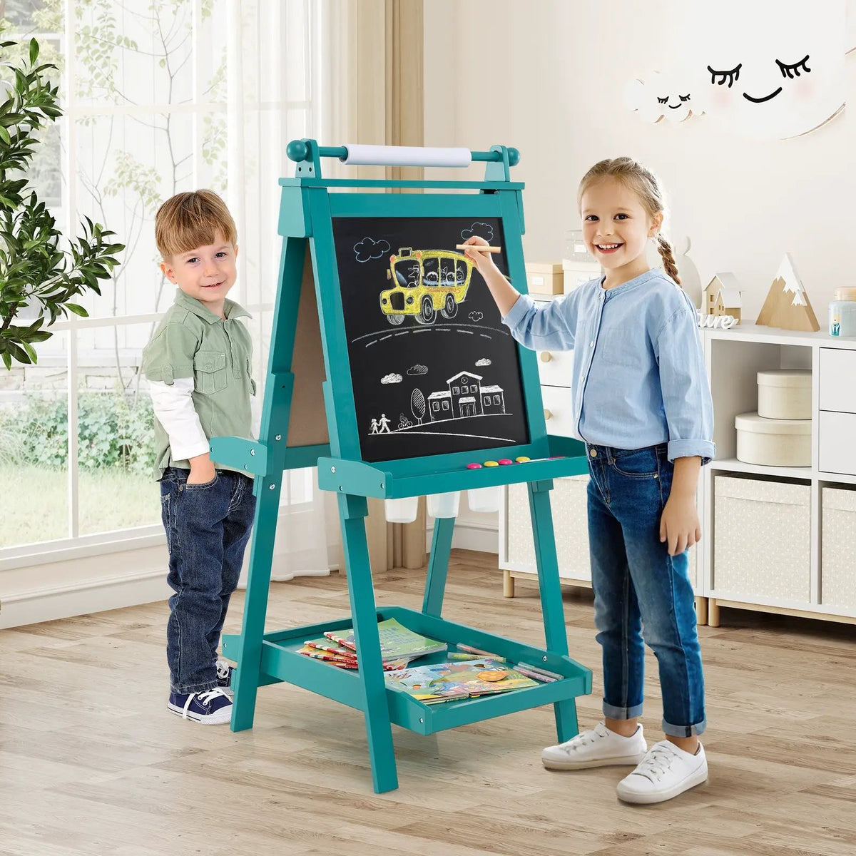 3-in-1 Double-sided Art Easel with Chalkboard and Magnetic Whiteboard, photo 3 of 24