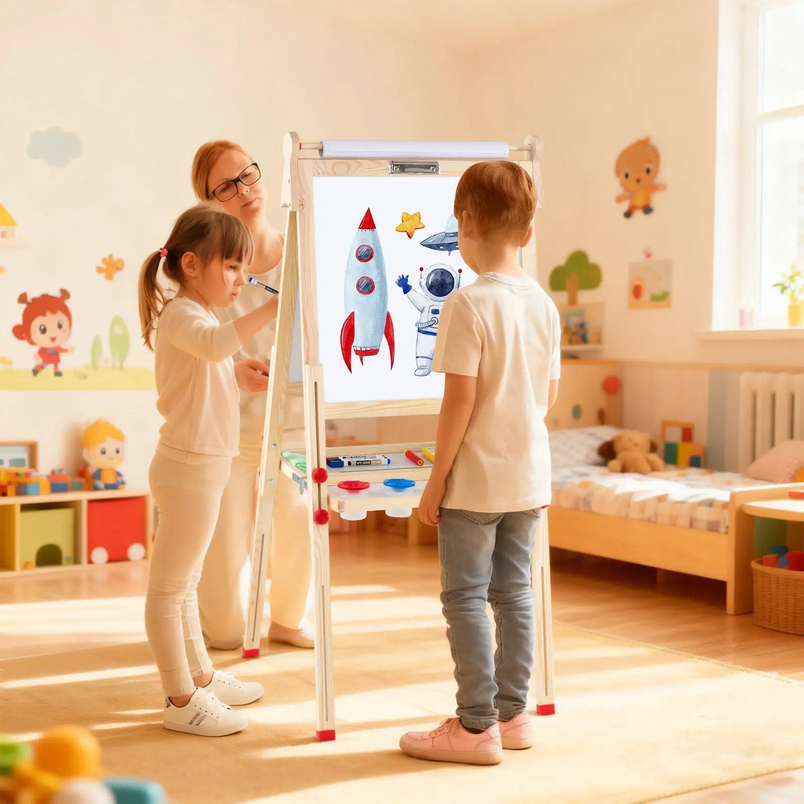 3-in-1 Double-Sided Folding Wooden Kids Art Easel with Paper Roll by DirectDeals