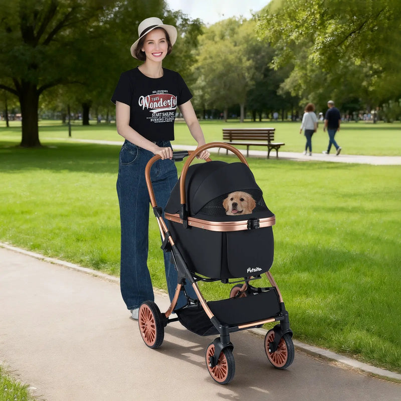 3-in-1 Foldable Pet Stroller with Sun Shade and Safety Belt for up to 55 lbs Small Medium Dogs Cats-Black by DirectDeals