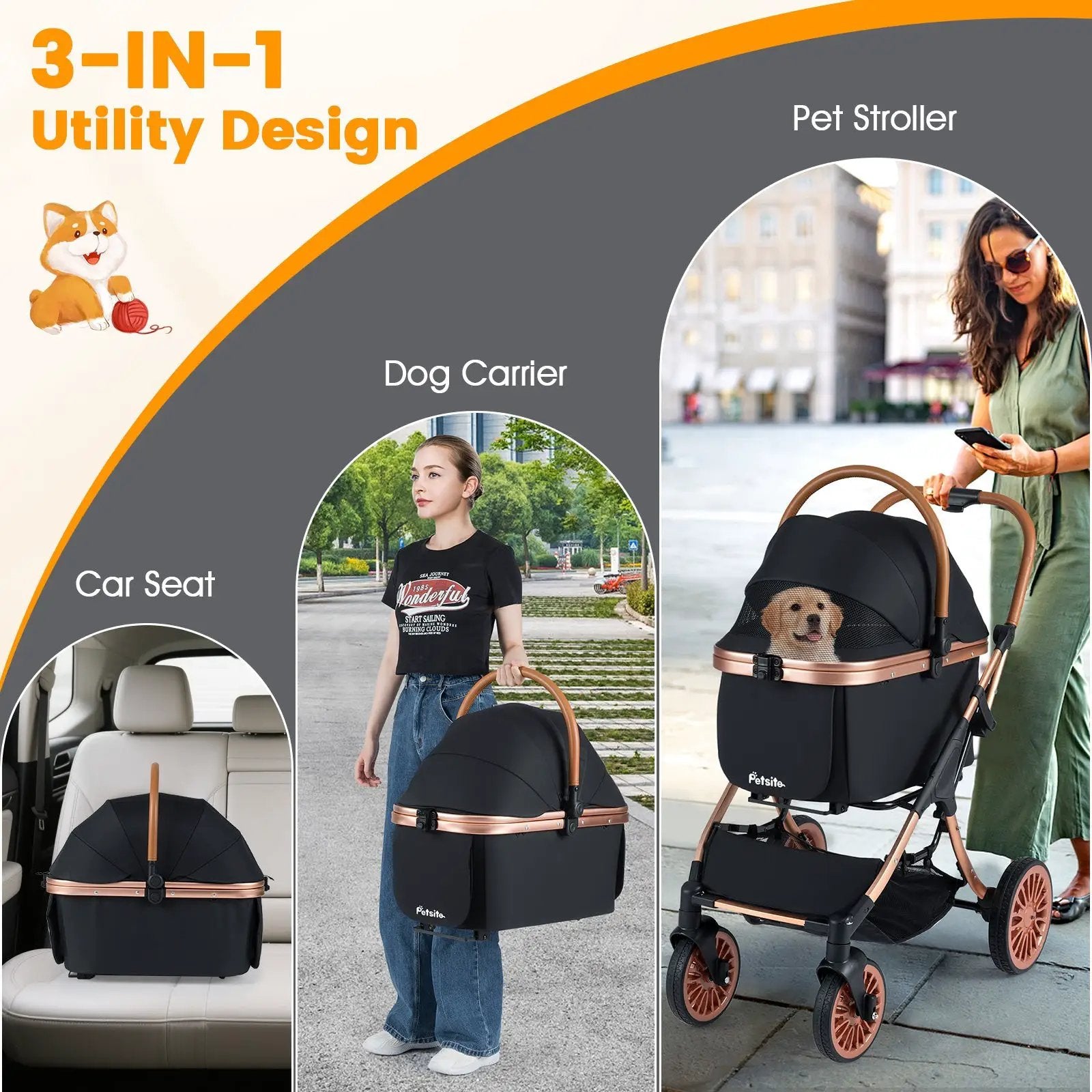 3-in-1 Foldable Pet Stroller with Sun Shade and Safety Belt for up to 55 lbs Small Medium Dogs Cats-Black by DirectDeals
