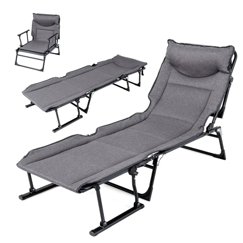 3 in 1 Folding Camping Cot Comfy Padded Convertible Single Sofa Chair-Gray by DirectDeals