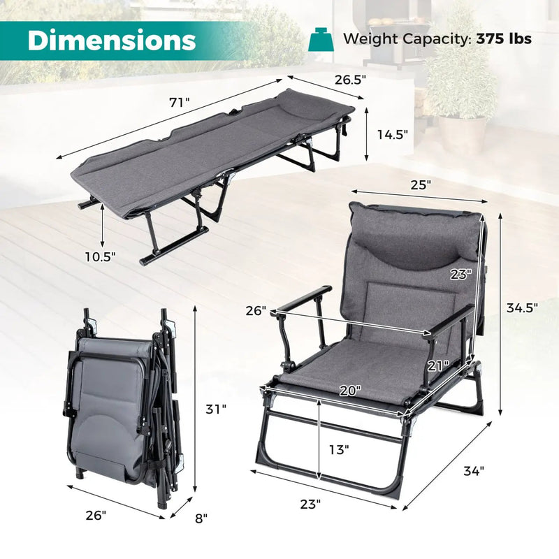 3 in 1 Folding Camping Cot Comfy Padded Convertible Single Sofa Chair-Gray by DirectDeals