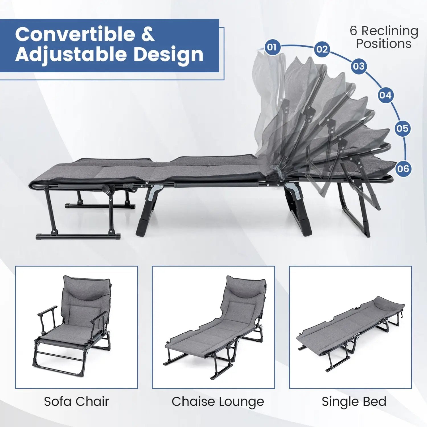 3 in 1 Folding Camping Cot and Comfy Padded Convertible Single Sofa Chair-Gray by DirectDeals