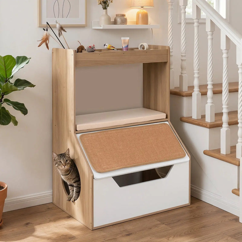 Hidden Cat Litter Box Cabinet with Scratching Pad & Cushion by DirectDeals
