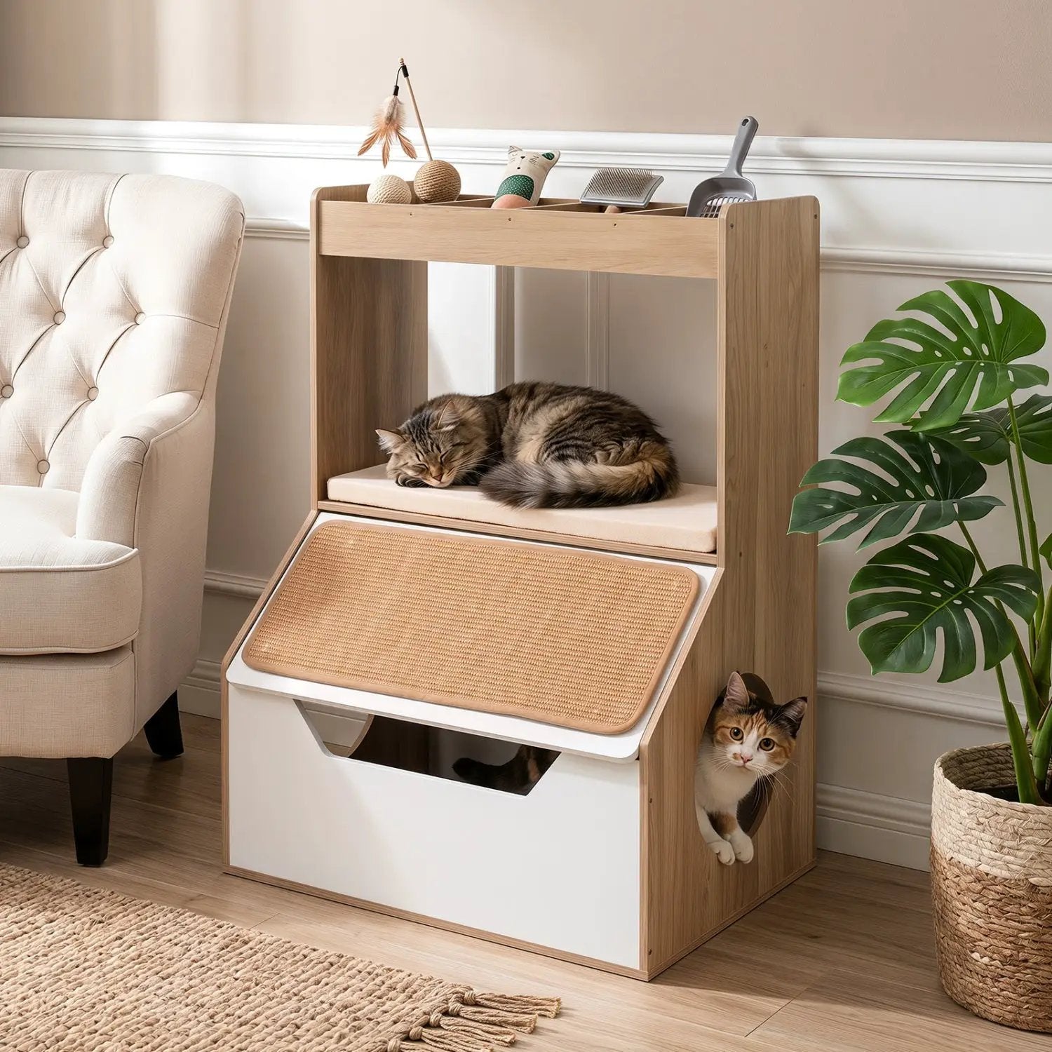 Hidden Cat Litter Box Cabinet with Scratching Pad & Cushion by DirectDeals