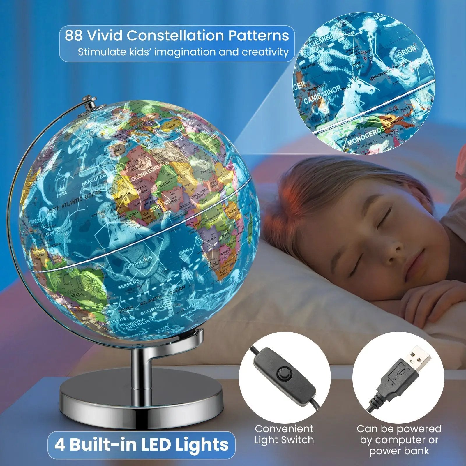 3-in-1 Illuminated World Globe with Stand and 88 Constellations by DirectDeals