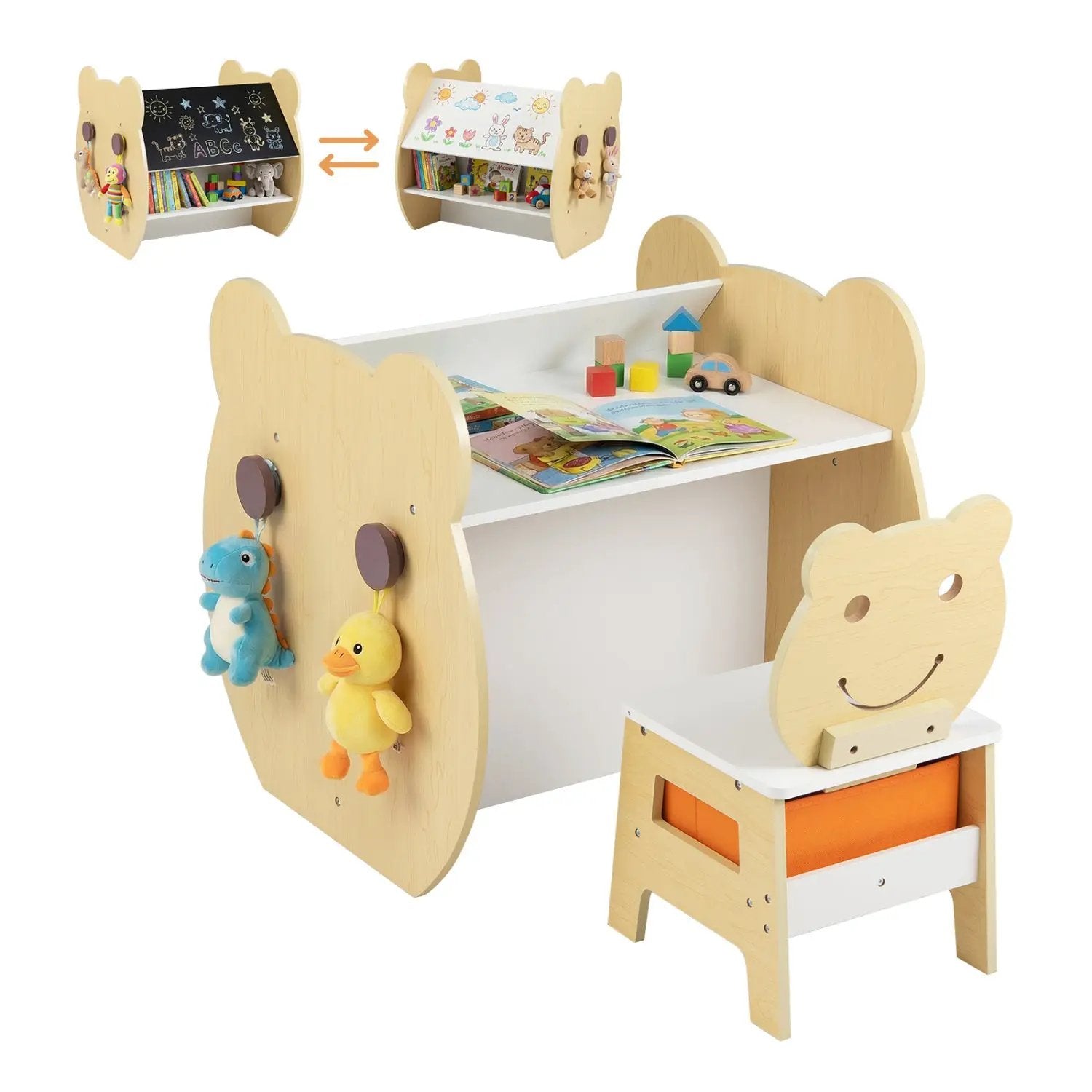3-in-1 Kids Art Table and Chair with Storage and Reversible Whiteboard Chalkboard for Ages 3-10 Years Old-White by DirectDeals