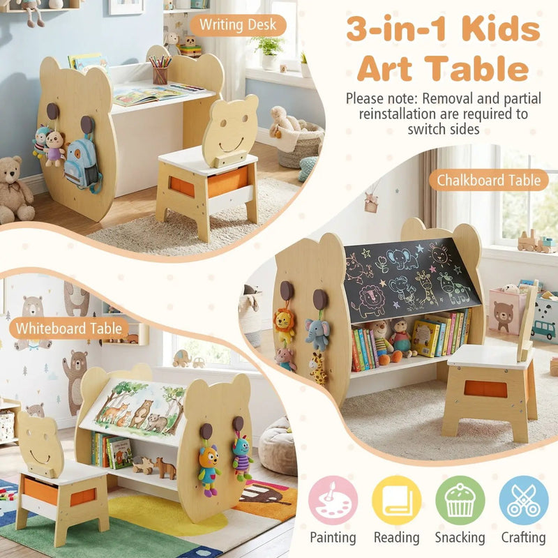 3-in-1 Kids Art Table and Chair with Storage and Reversible Whiteboard Chalkboard for Ages 3-10 Years Old-White by DirectDeals