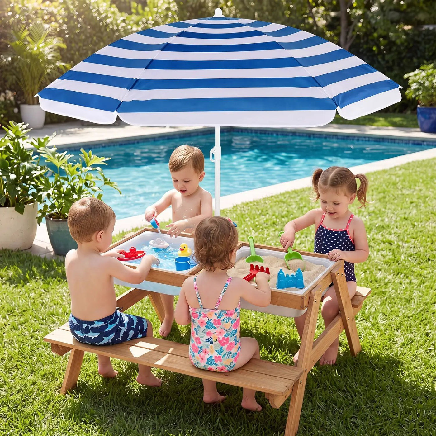 Kids Outdoor Picnic Water Sand Table with Umbrella by DirectDeals