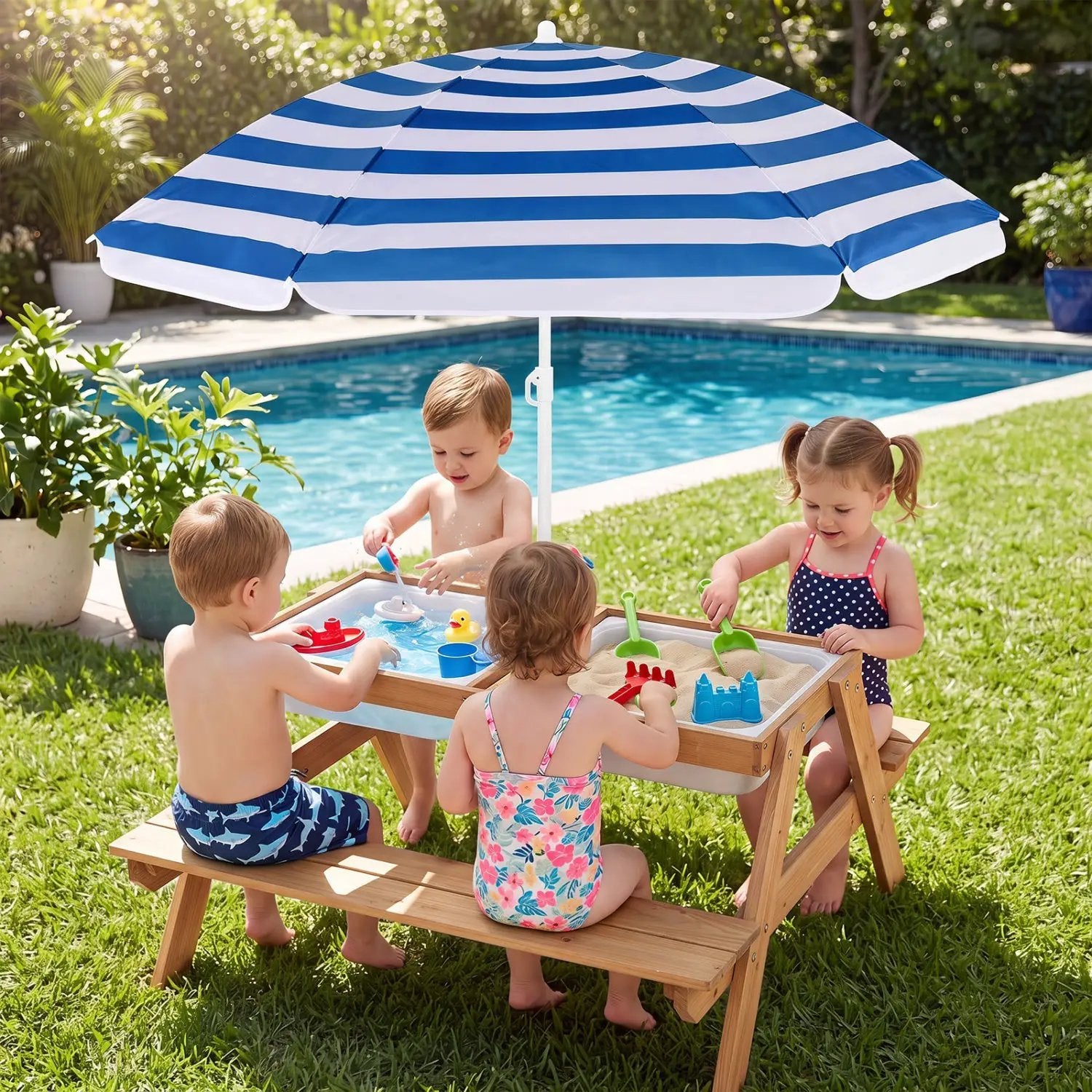 Kids Outdoor Picnic Water Sand Table with Umbrella by DirectDeals