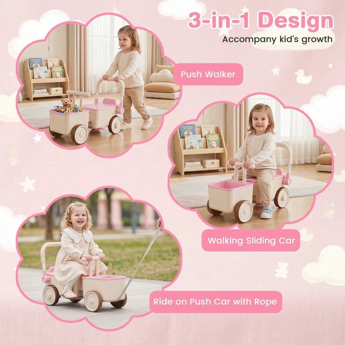 3-in-1 Kids Ride On Push Car with Rope and Storage Basket, photo 13 of 24